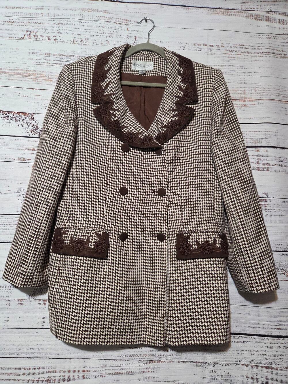 John Meyer Ladies 14 Brown White Houndstooth Wool Blend Vintage